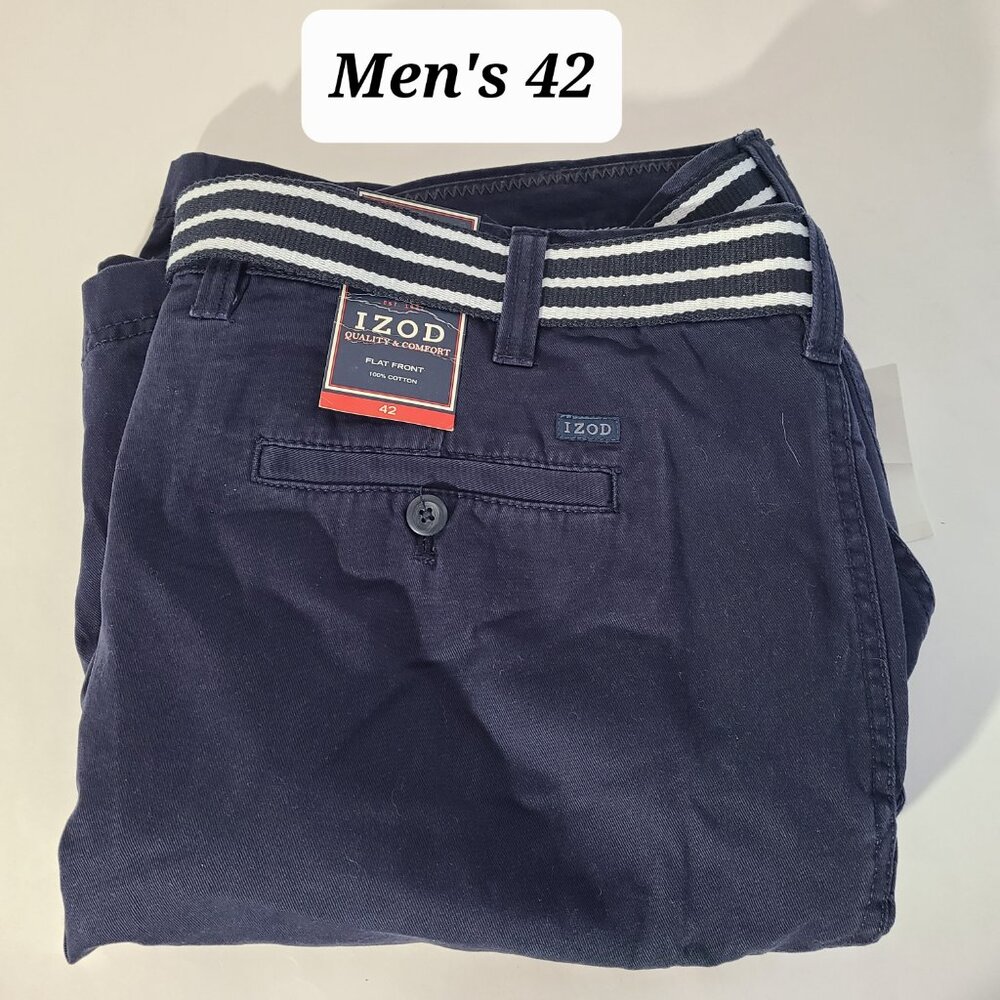 Izod Men's Midnight Blue Chino Shorts Size 42 w/Belt NWT